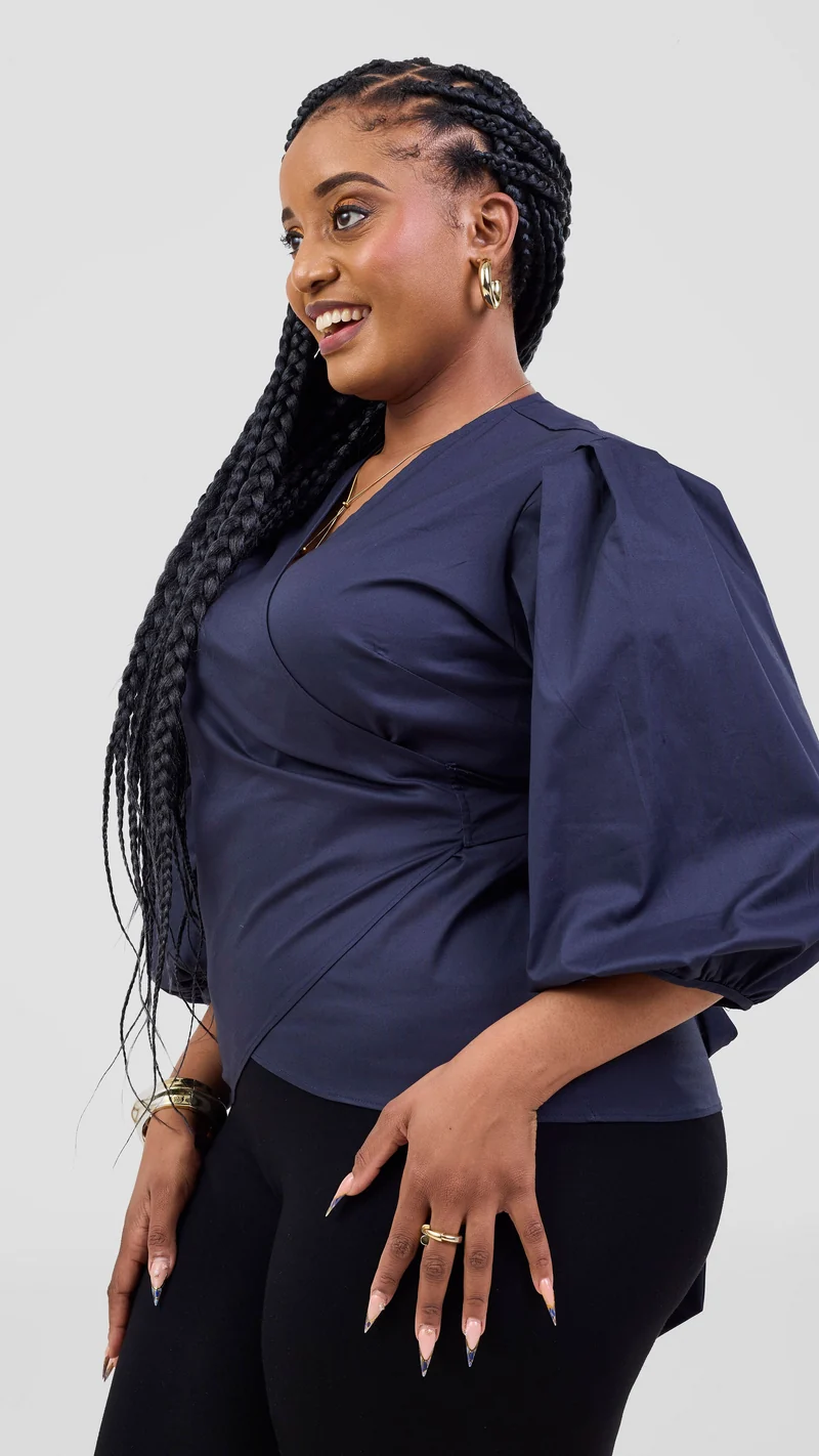 Vivo 3/4 Sleeve Wrap Top in Cotton - Navy Blue