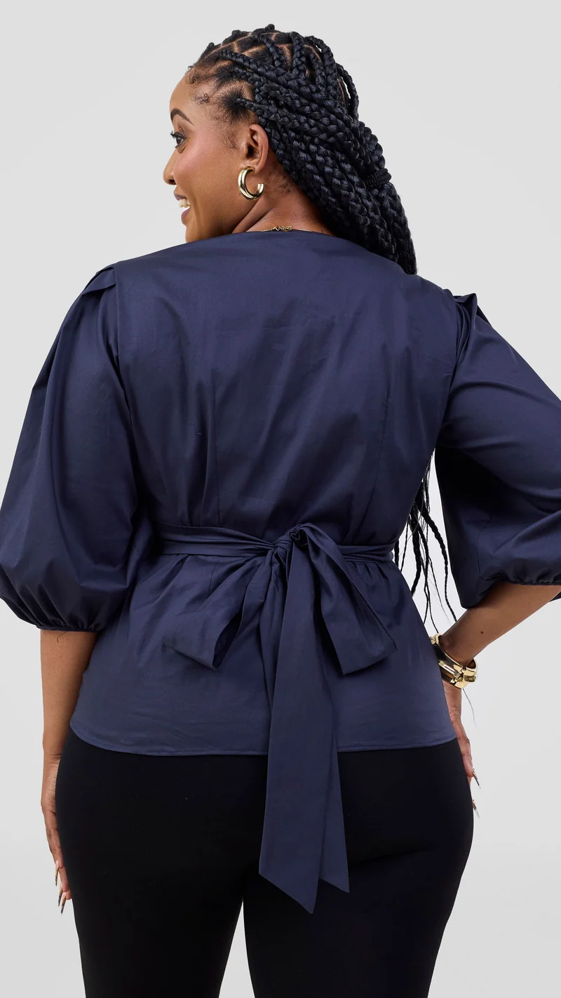 Vivo 3/4 Sleeve Wrap Top in Cotton - Navy Blue