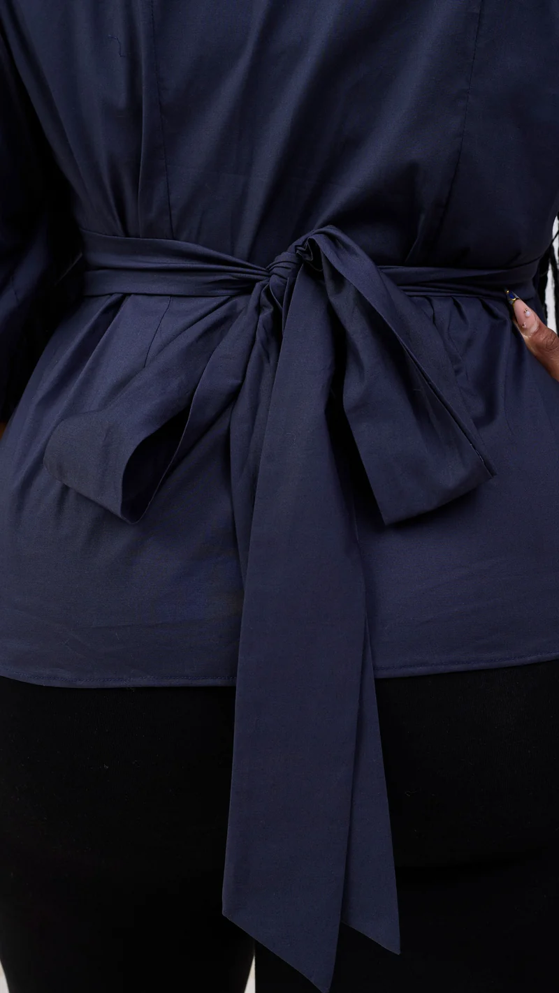 Vivo 3/4 Sleeve Wrap Top in Cotton - Navy Blue