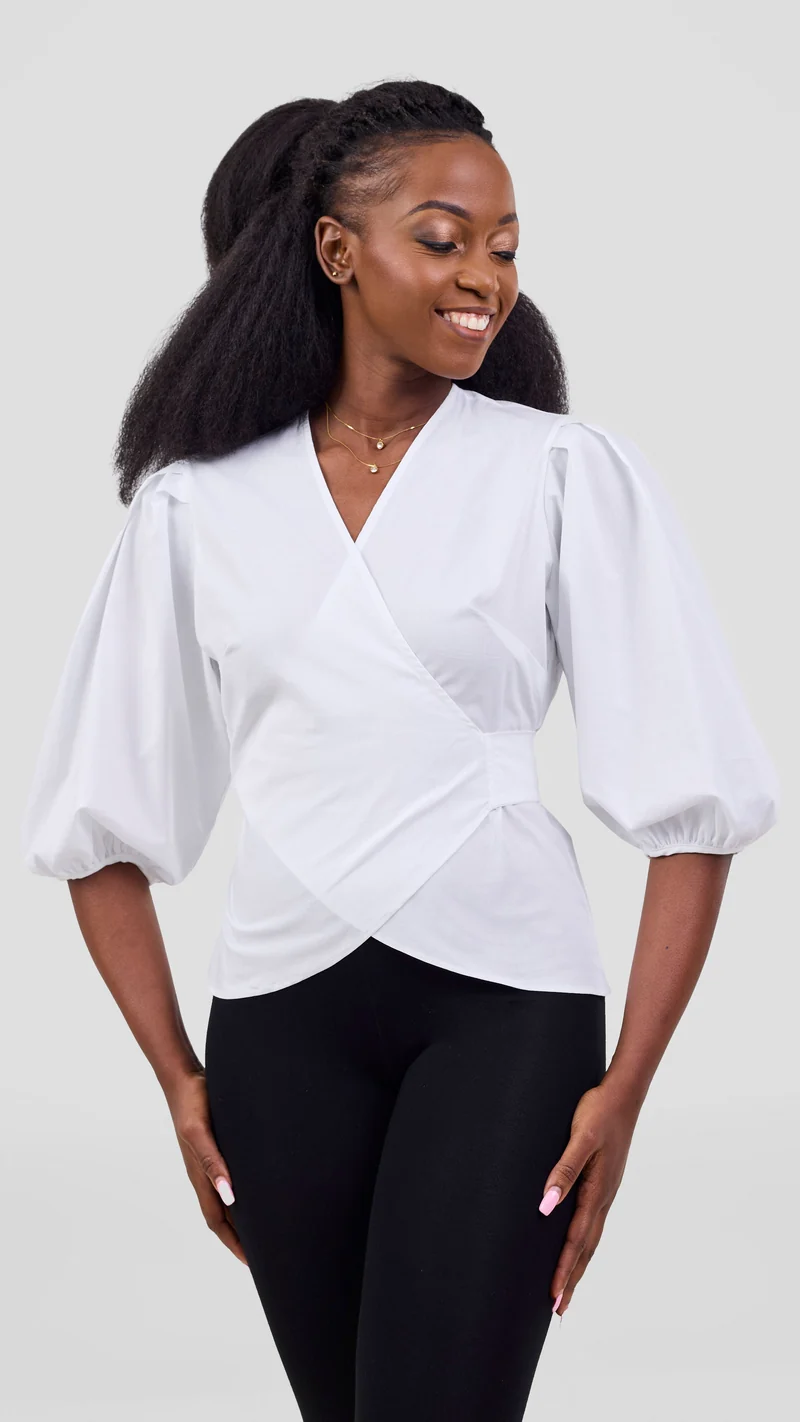 Vivo 3/4 Sleeve Wrap Top in Cotton - White