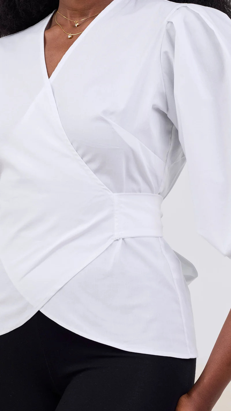 Vivo 3/4 Sleeve Wrap Top in Cotton - White