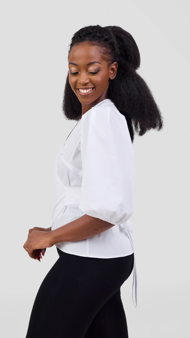 Vivo 3/4 Sleeve Wrap Top in Cotton - White