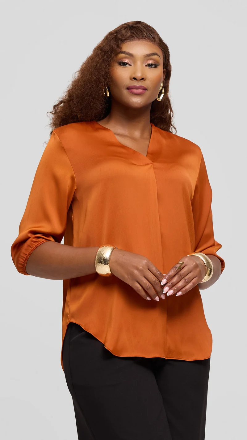 Vivo Dua Shirt in Textured Satin - Rust