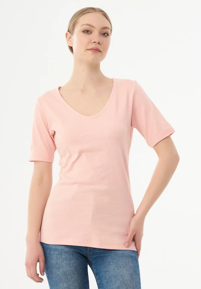 Geripptes T-Shirt aus Bio-Baumwolle mit V-Ausschnitt