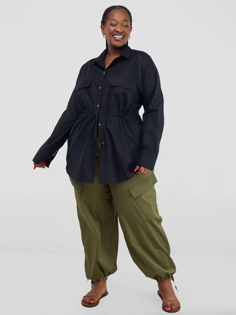 Safari by Vivo Savannah Drawstring Shacket in Linen - Black