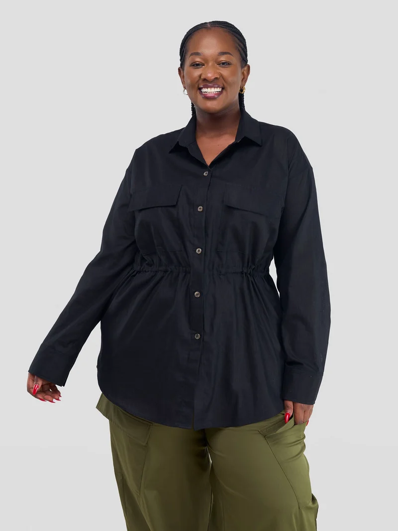 Safari by Vivo Savannah Drawstring Shacket in Linen - Black