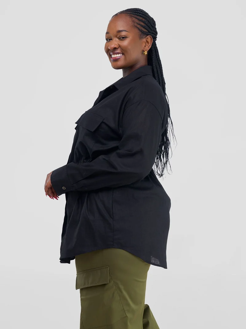Safari by Vivo Savannah Drawstring Shacket in Linen - Black