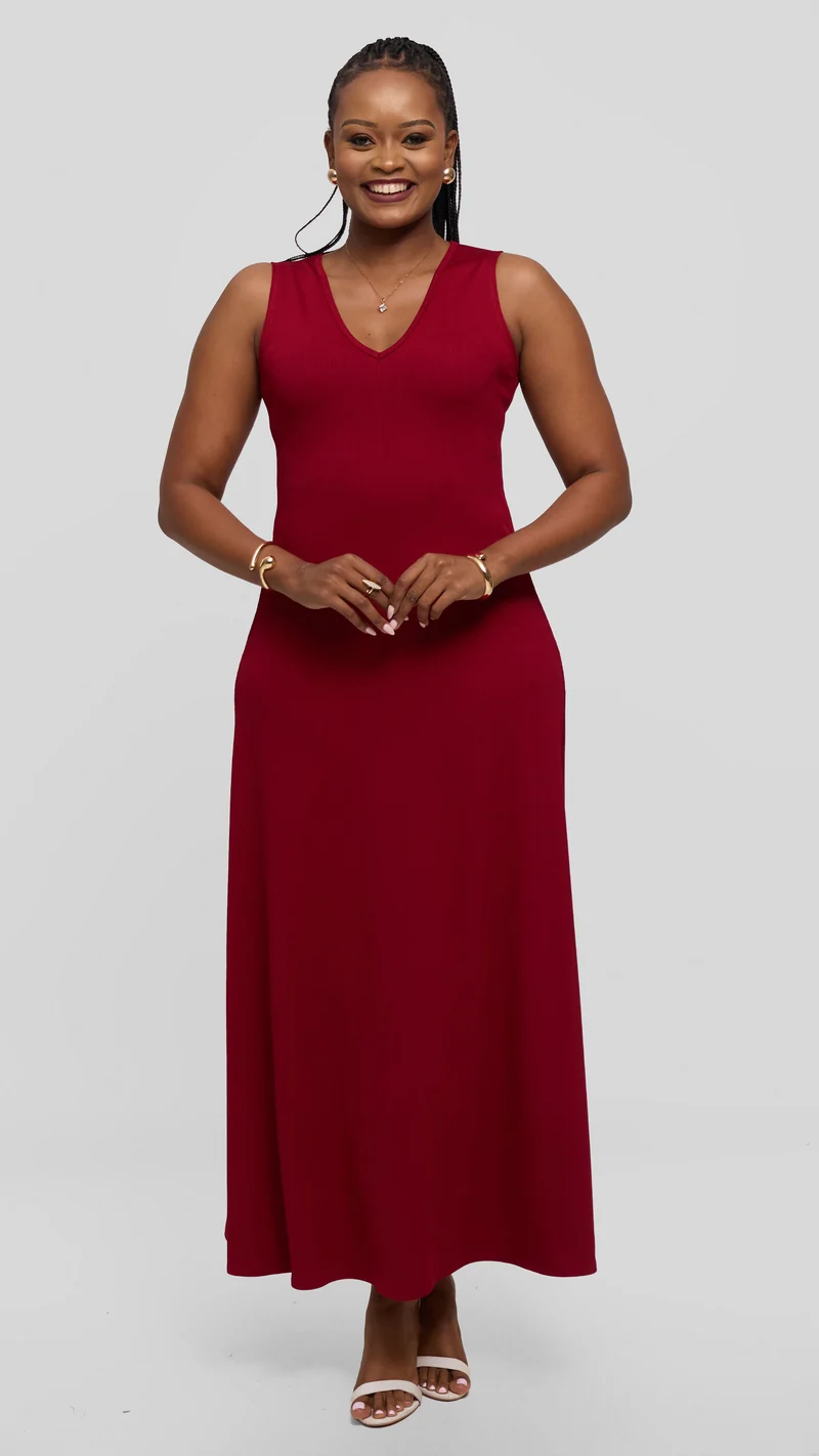 Vivo Maxi Dress in Stretch Rib - Maroon