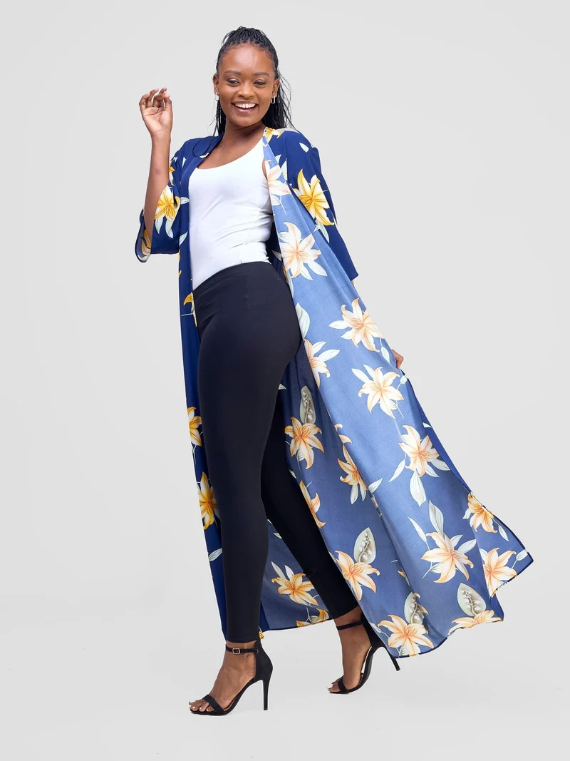 Vivo Alek 3/4 Sleeve A-Line Kimono - Navy / Orange Aber Print