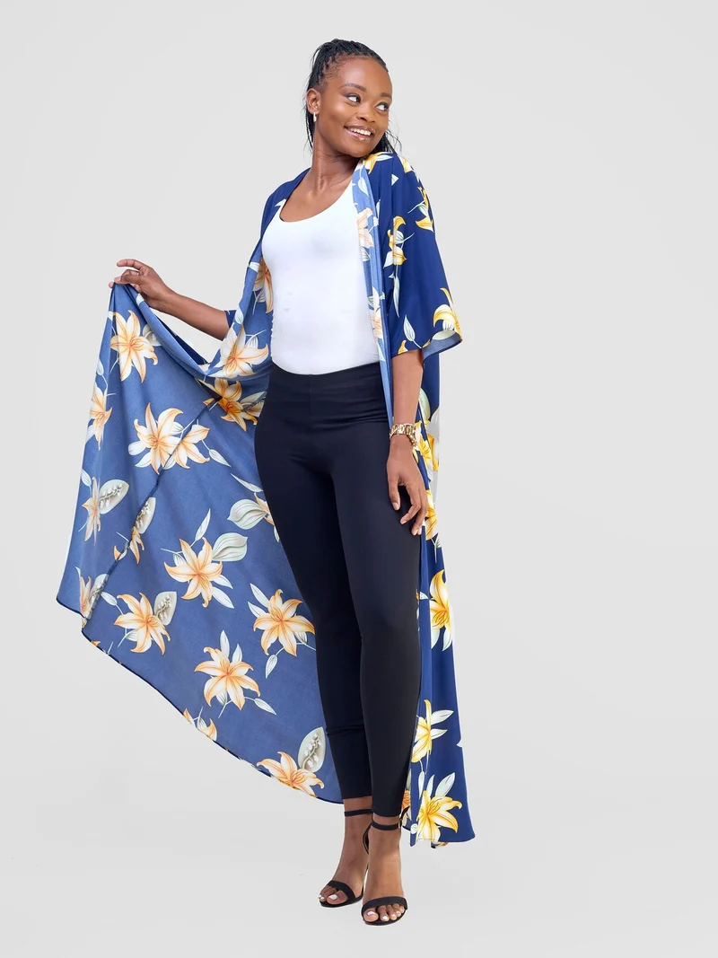 Vivo Alek 3/4 Sleeve A-Line Kimono - Navy / Orange Aber Print