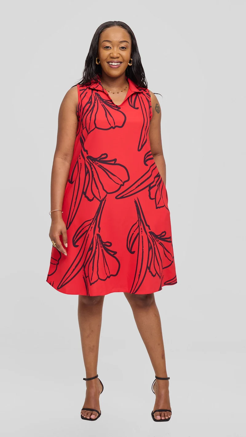 Vivo Asha Sleeveless Knee Length Dress - Red / Black Nola Print