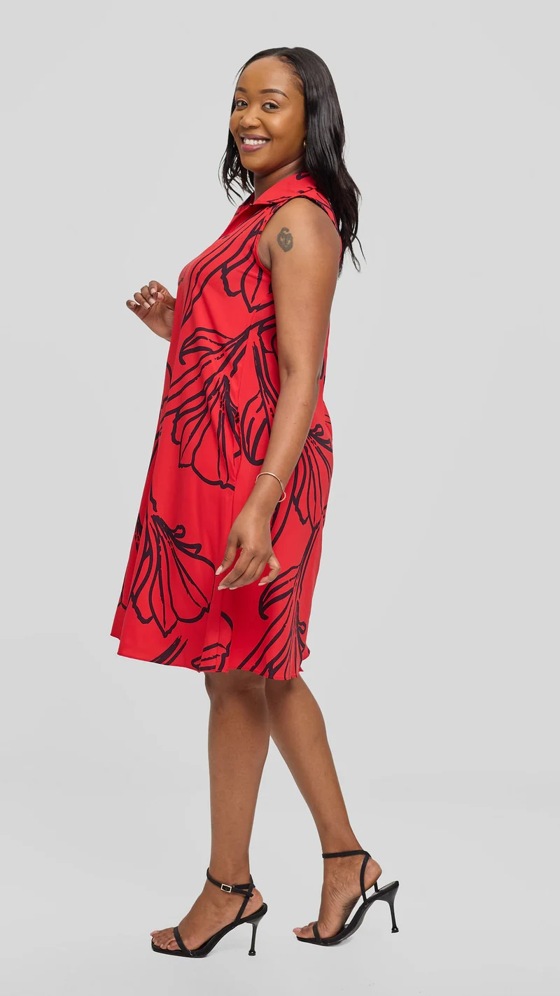 Vivo Asha Sleeveless Knee Length Dress - Red / Black Nola Print