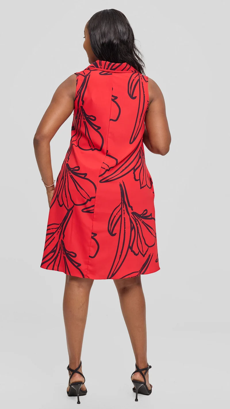 Vivo Asha Sleeveless Knee Length Dress - Red / Black Nola Print