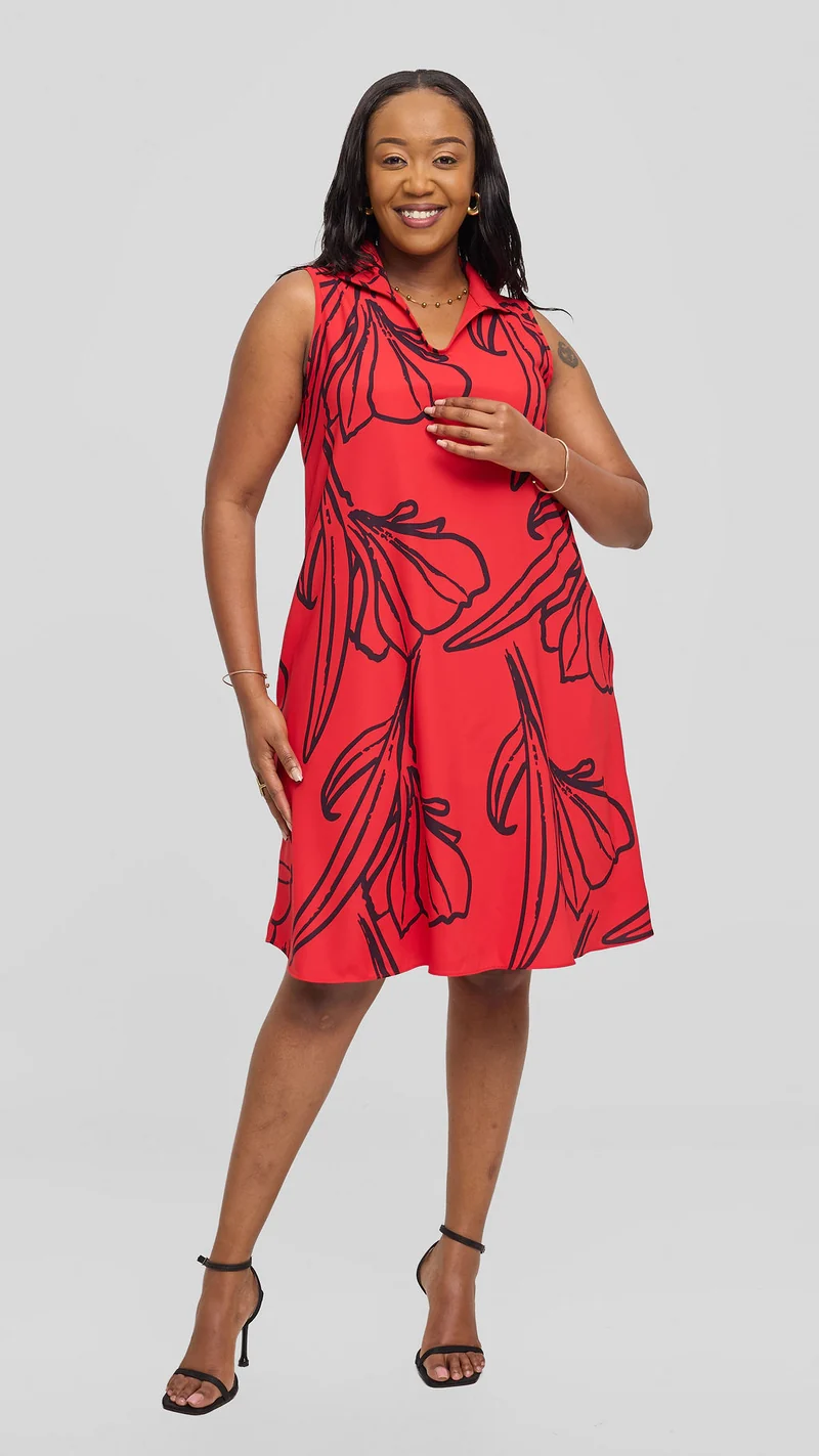 Vivo Asha Sleeveless Knee Length Dress - Red / Black Nola Print