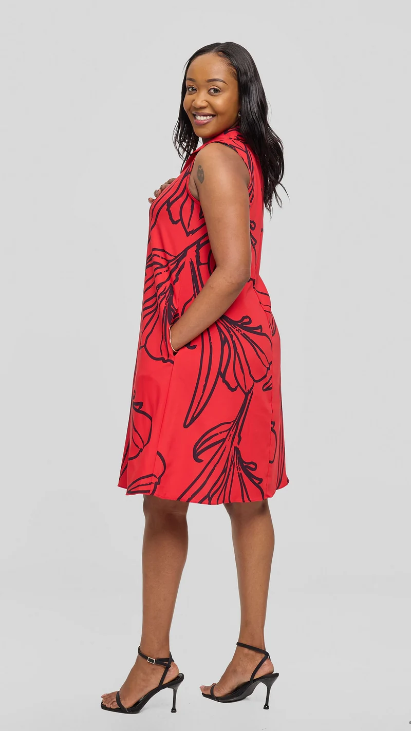 Vivo Asha Sleeveless Knee Length Dress - Red / Black Nola Print