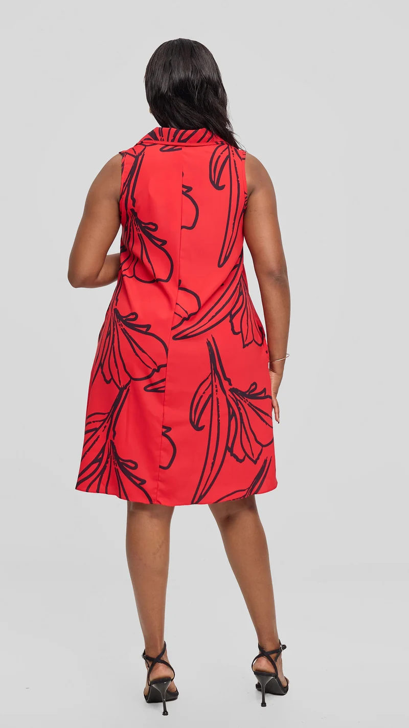 Vivo Asha Sleeveless Knee Length Dress - Red / Black Nola Print