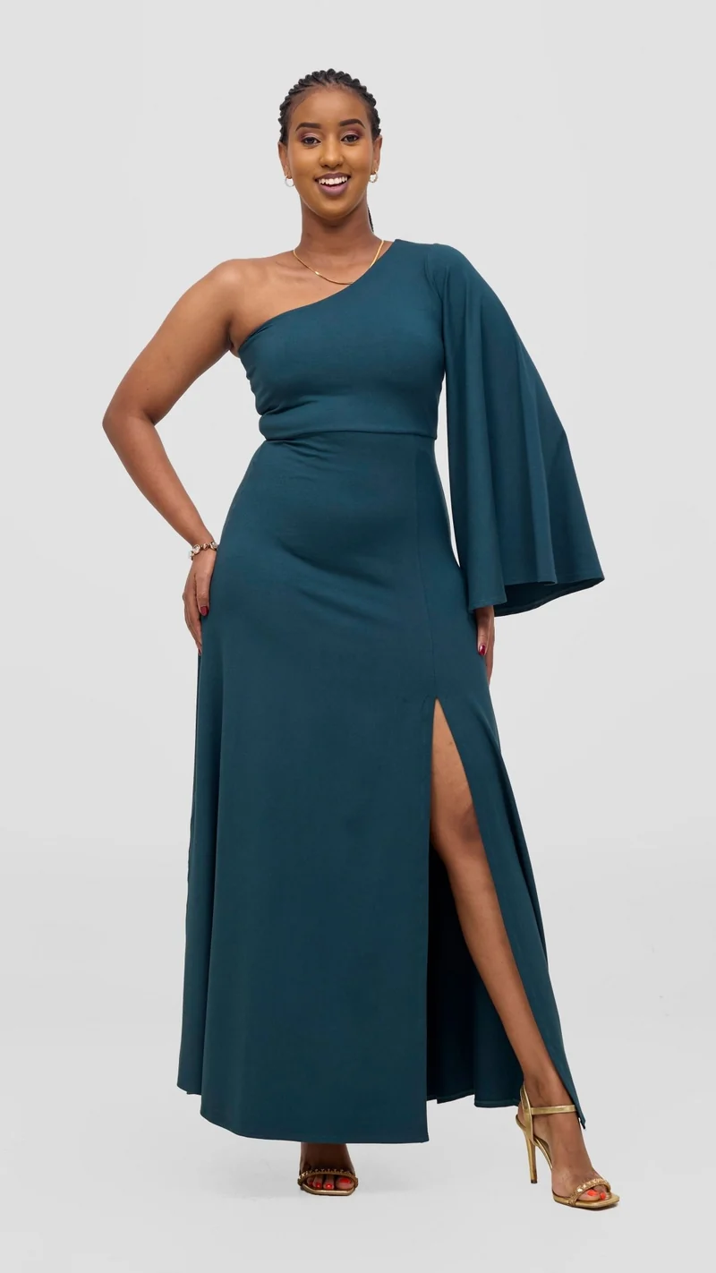 Vivo Ari One Shoulder Maxi Dress - Dark Green