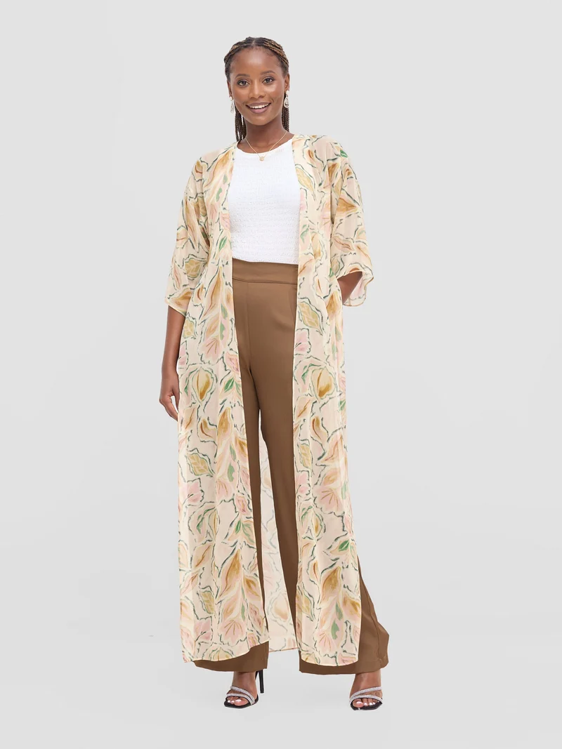 Vivo Basic Nandi High Slit Kimono - Cream / Pink Print