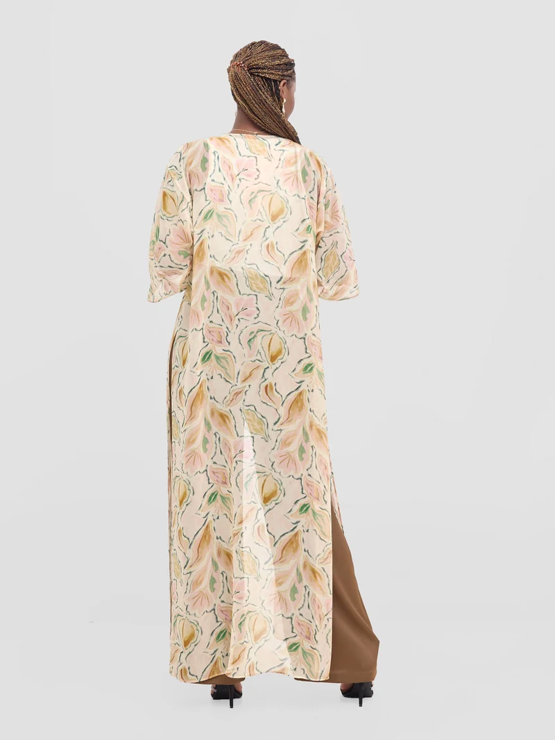 Vivo Basic Nandi High Slit Kimono - Cream / Pink Print