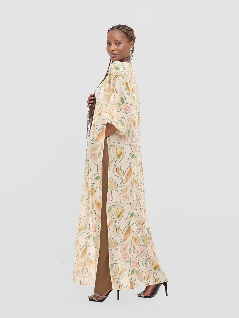 Vivo Basic Nandi High Slit Kimono - Cream / Pink Print