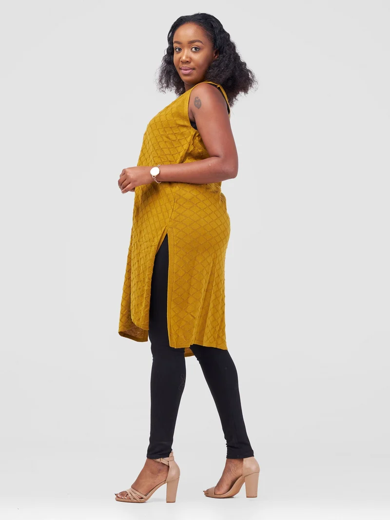 Vivo Sleeveless Side Slit Midi Waterfall - Mustard