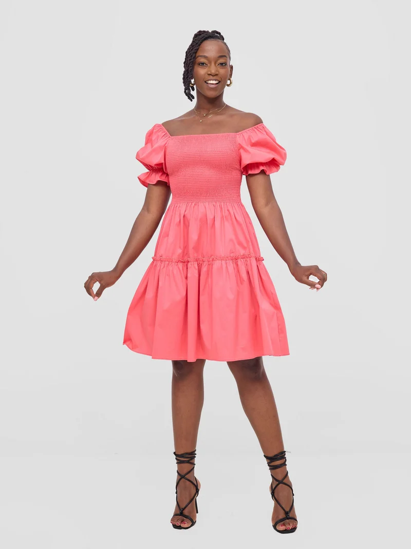 Safari Mara Shirred Bishop Sleeve Dress - Coral