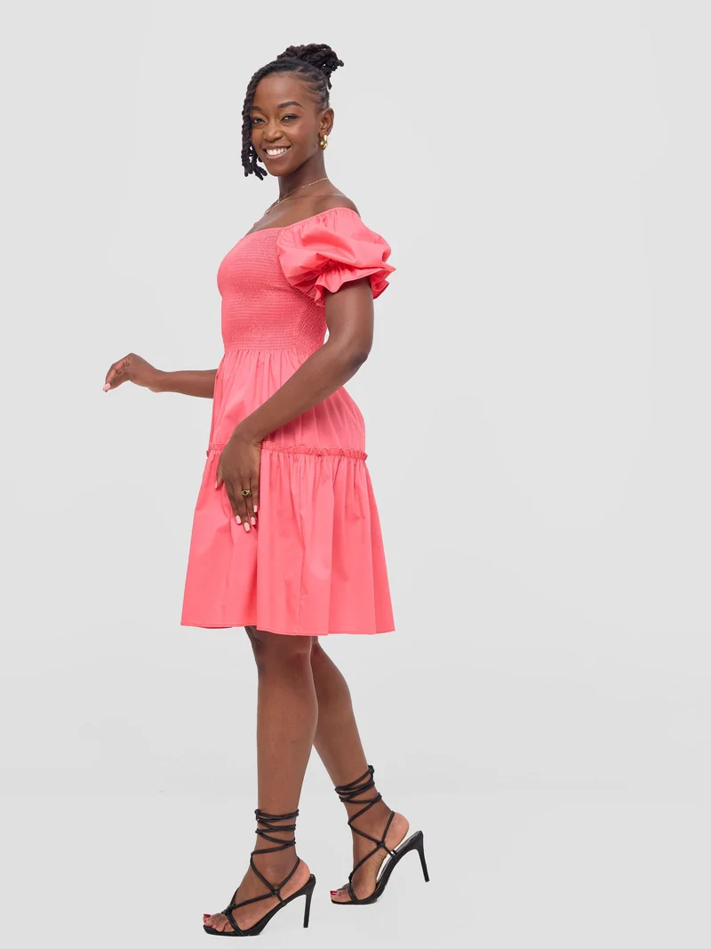 Safari Mara Shirred Bishop Sleeve Dress - Coral