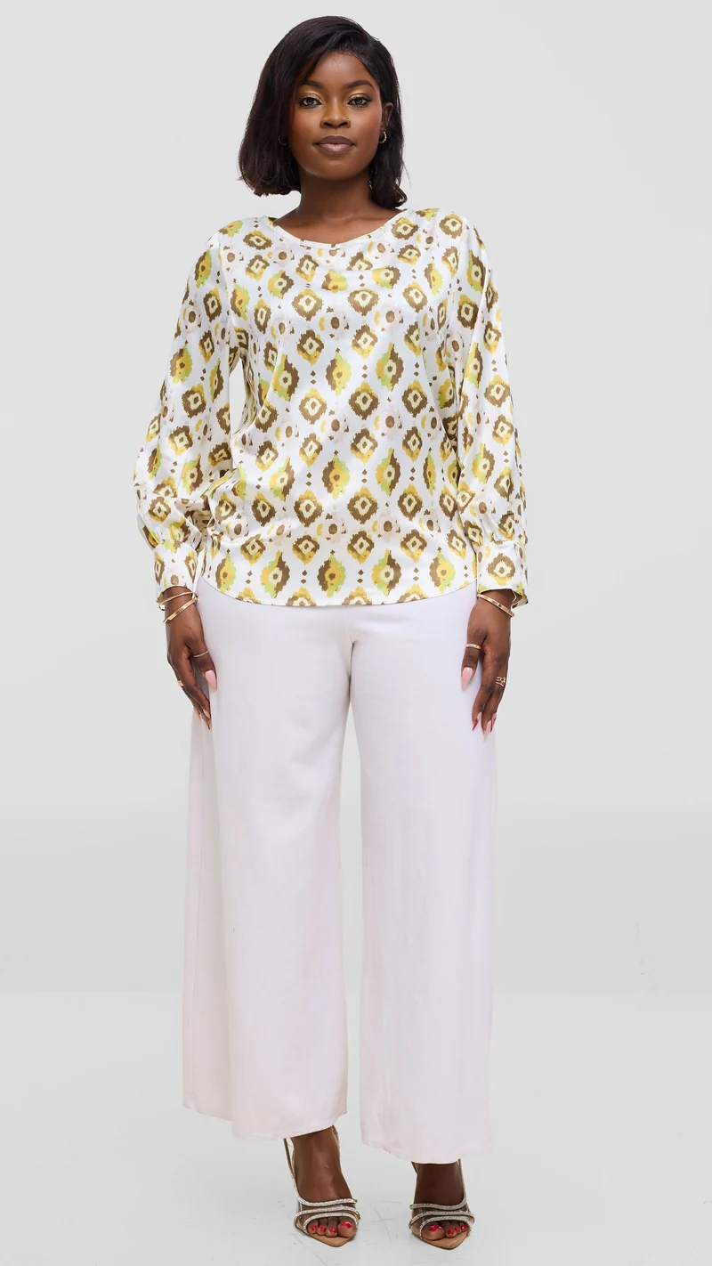 Vivo Tatili Bishop Long Sleeve Top In Satin - Olive Multicolor