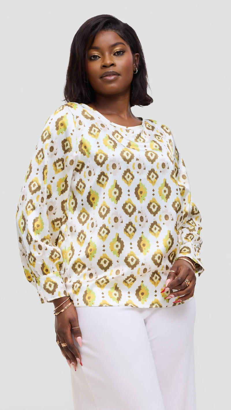 Vivo Tatili Bishop Long Sleeve Top In Satin - Olive Multicolor
