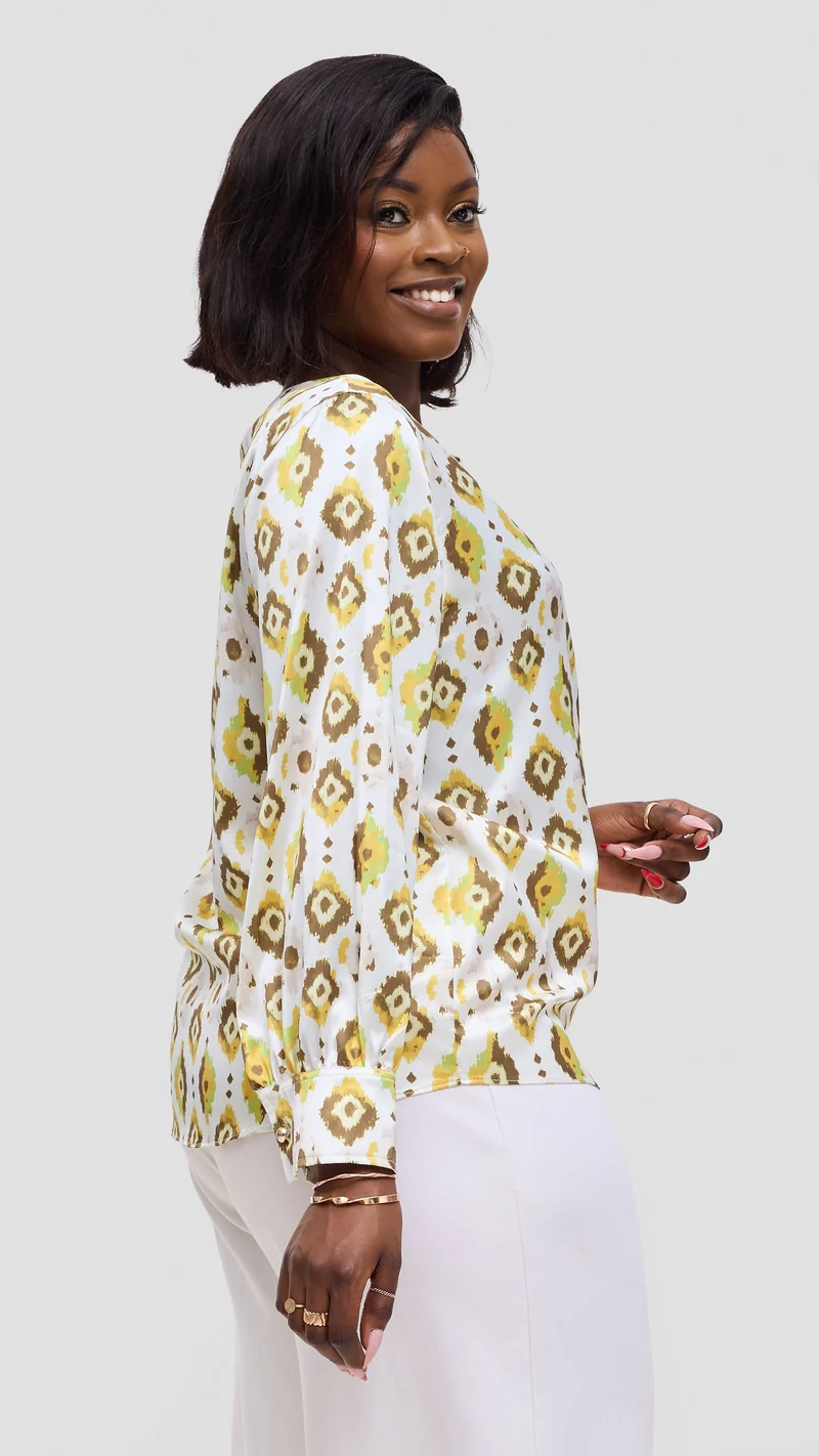 Vivo Tatili Bishop Long Sleeve Top In Satin - Olive Multicolor