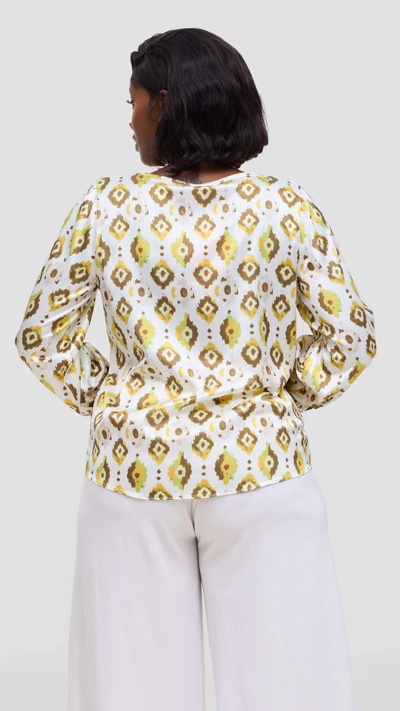 Vivo Tatili Bishop Long Sleeve Top In Satin - Olive Multicolor