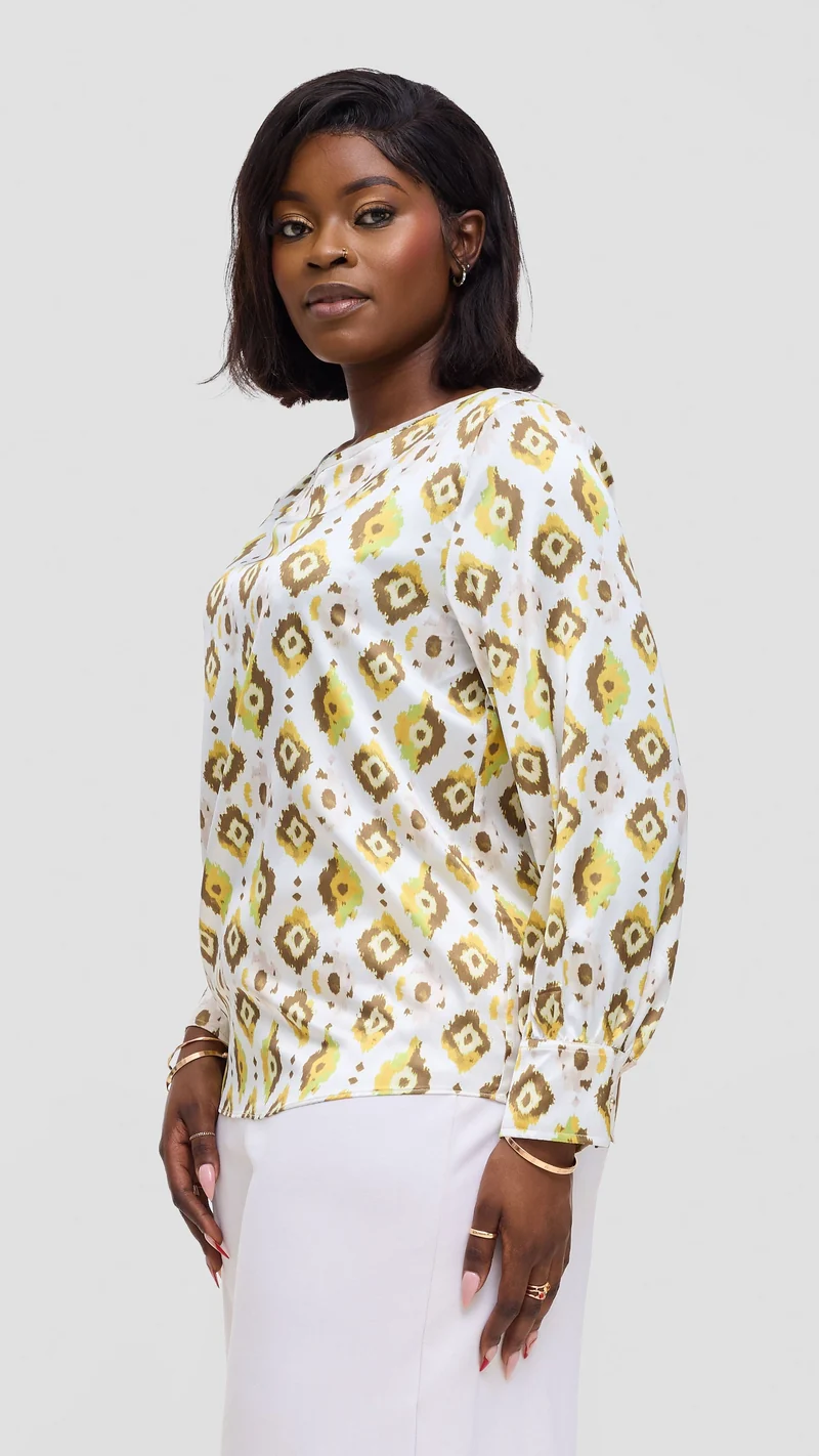 Vivo Tatili Bishop Long Sleeve Top In Satin - Olive Multicolor