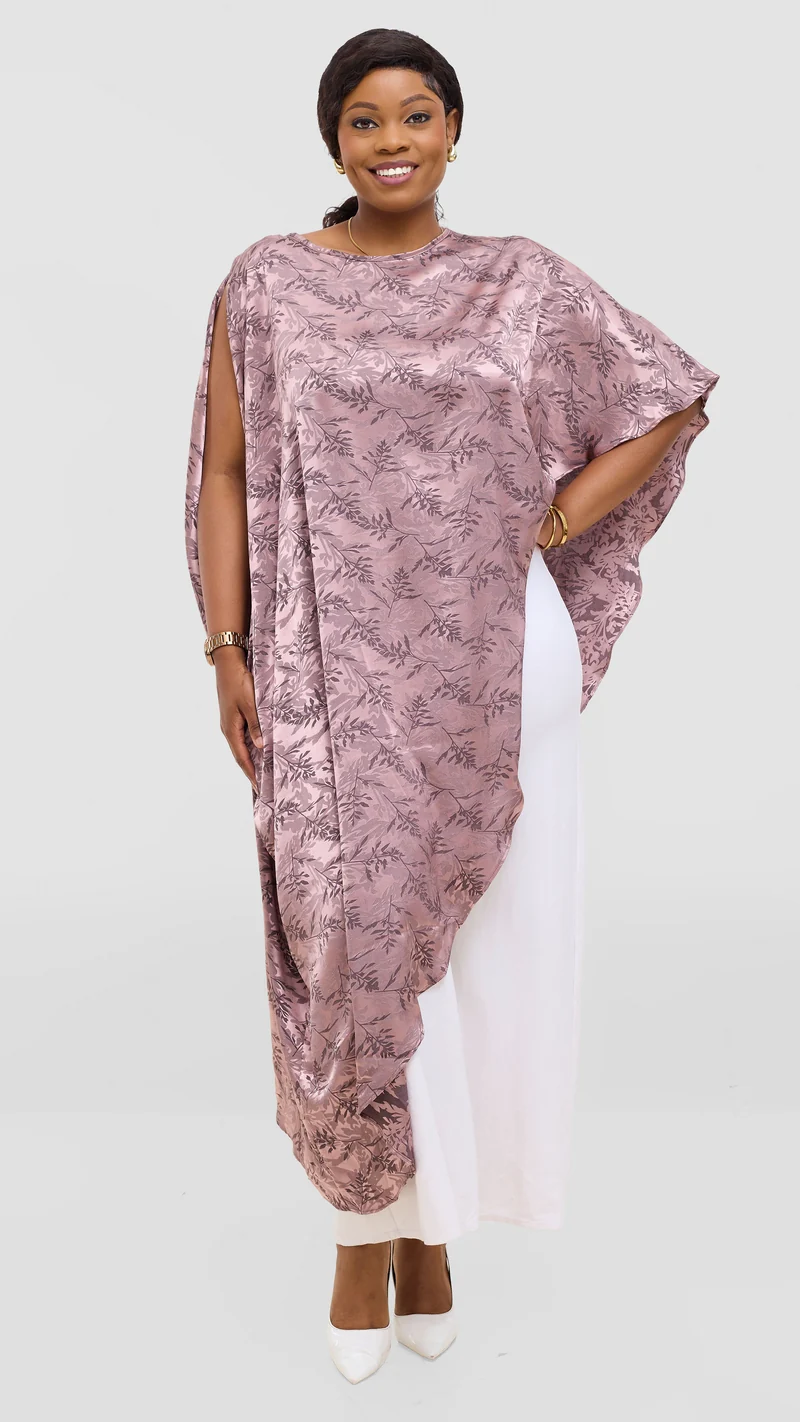 Vivo Liora Asymmetrical Kaftan Top in Satin - Brown Textured Print