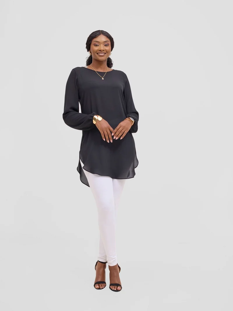 Vivo Basic Tsavo Scalloped Chiffon Top - Black