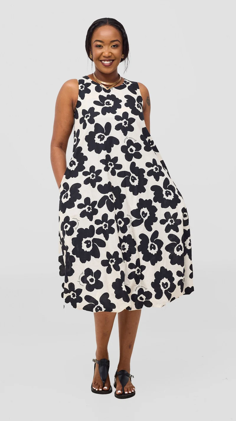 Safari Nazari Bubble Midi Dress - Black / Beige Print