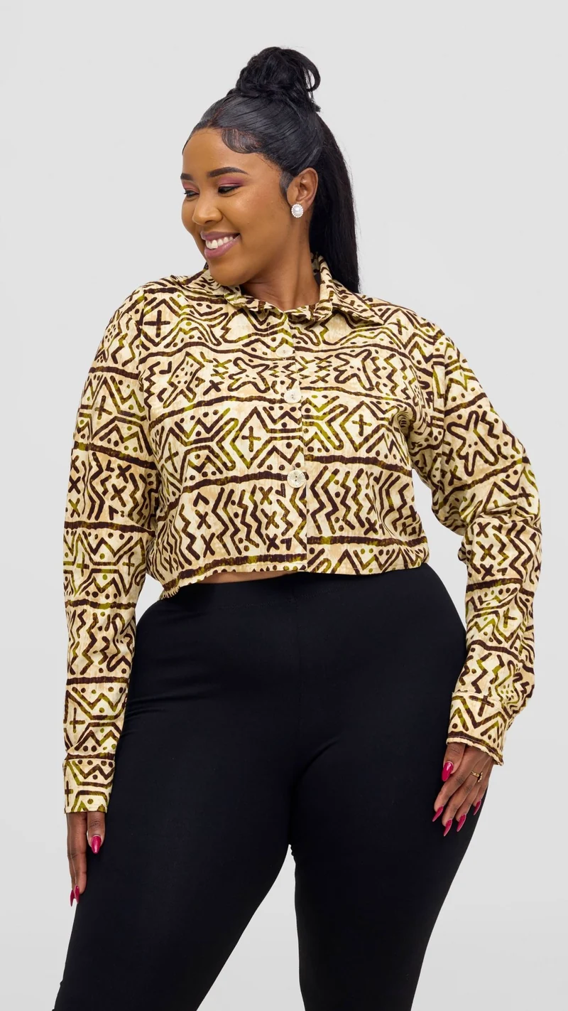 Safari Tara Crop Shacket - Olive / Brown Khoi Print