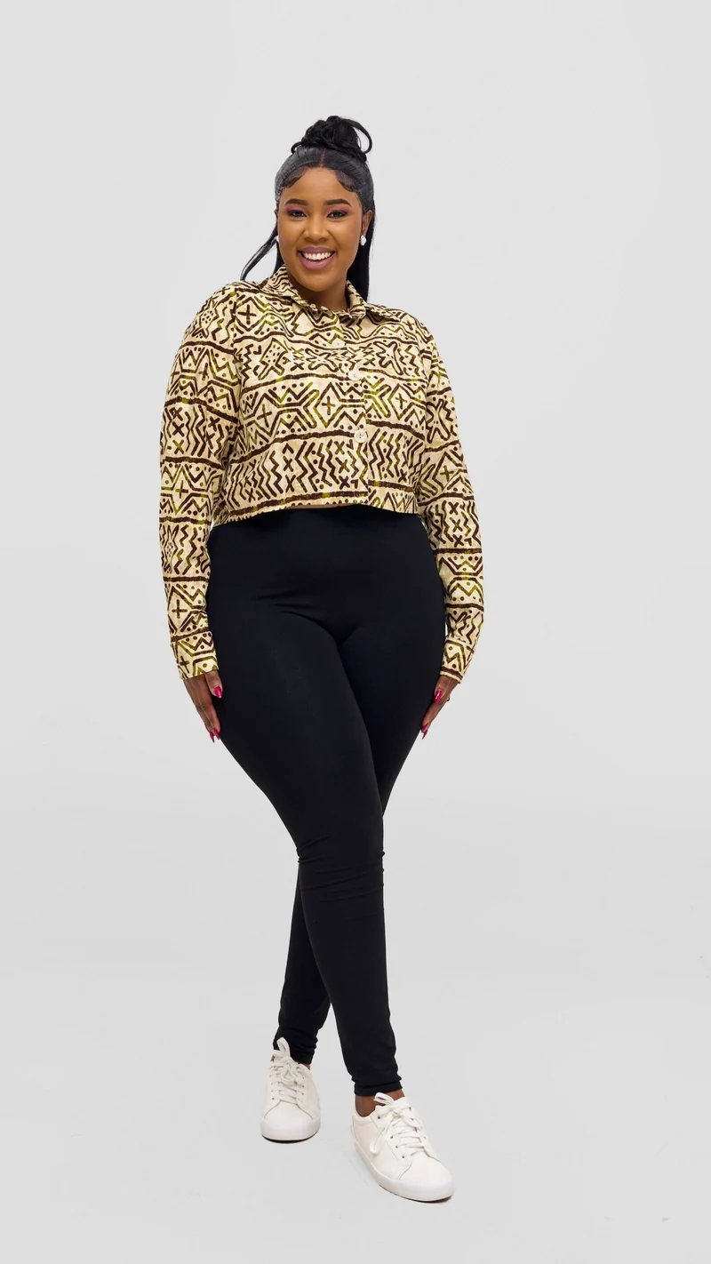 Safari Tara Crop Shacket - Olive / Brown Khoi Print