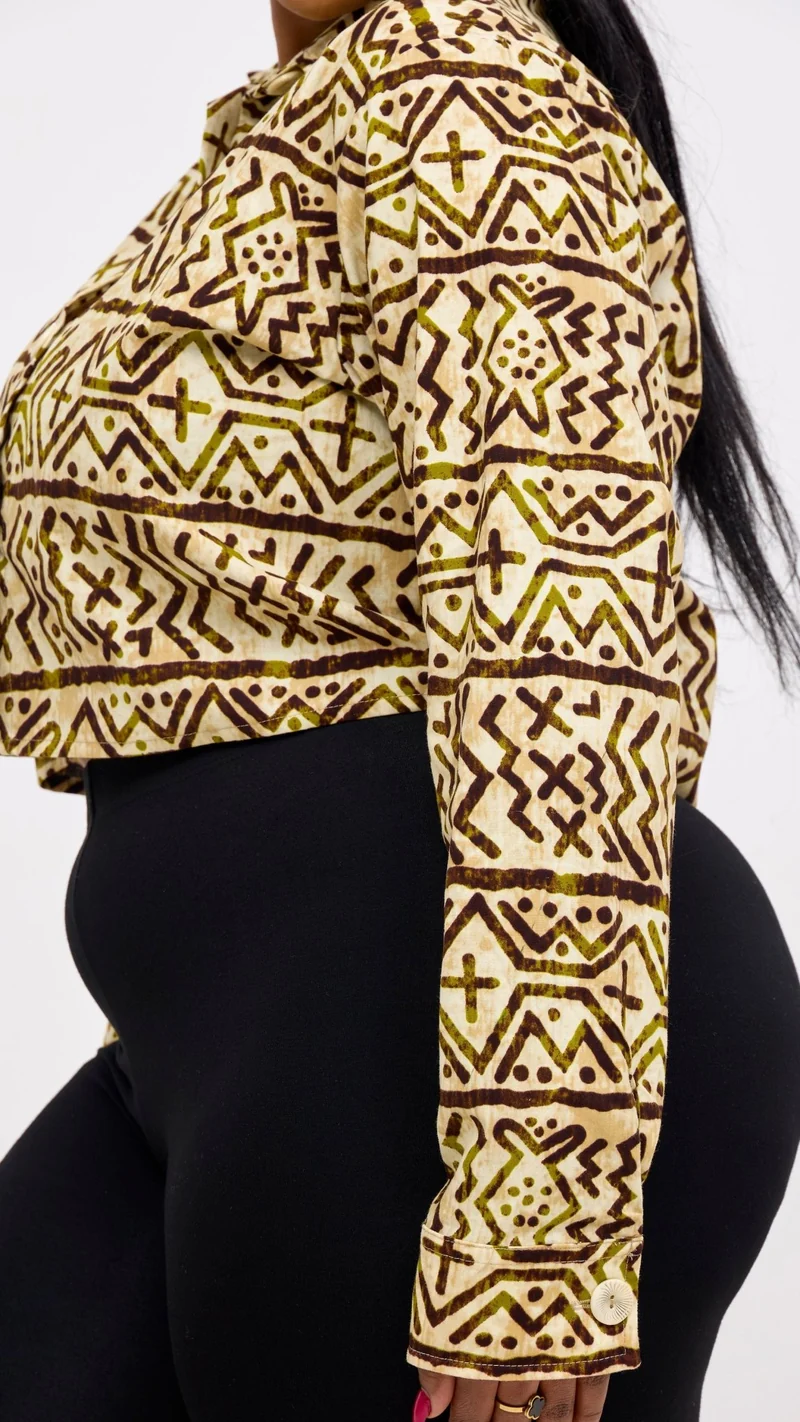 Safari Tara Crop Shacket - Olive / Brown Khoi Print