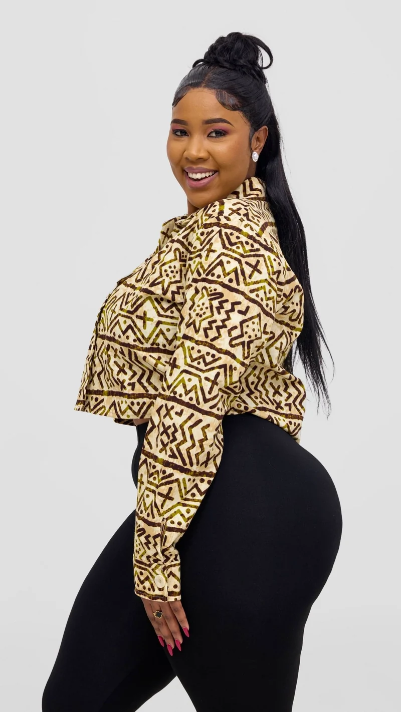 Safari Tara Crop Shacket - Olive / Brown Khoi Print