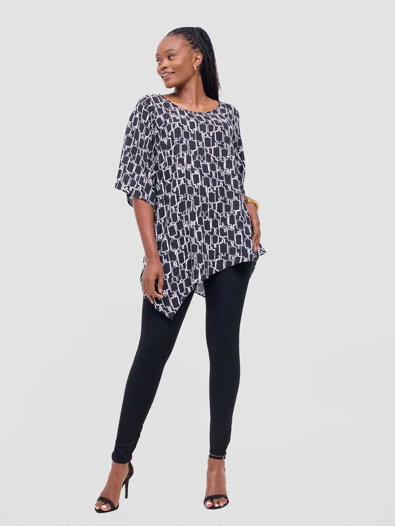 Vivo Sana Asymmetrical Angel Sleeve Top - Black / White Print