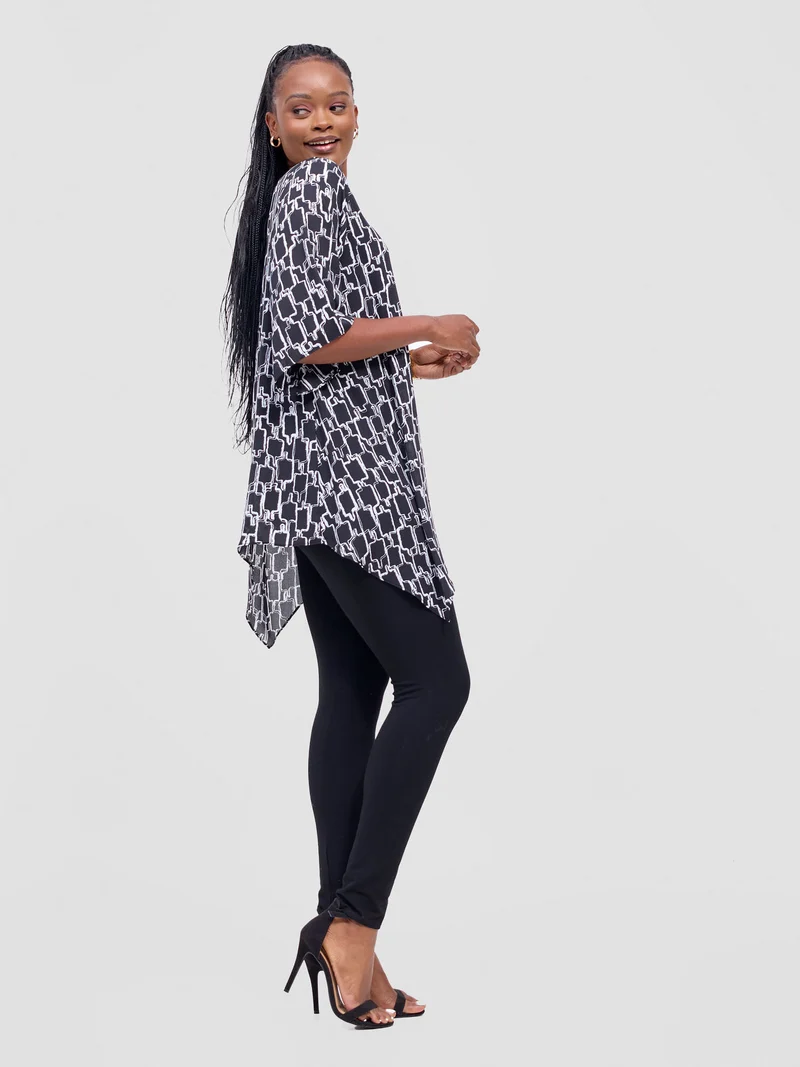 Vivo Sana Asymmetrical Angel Sleeve Top - Black / White Print