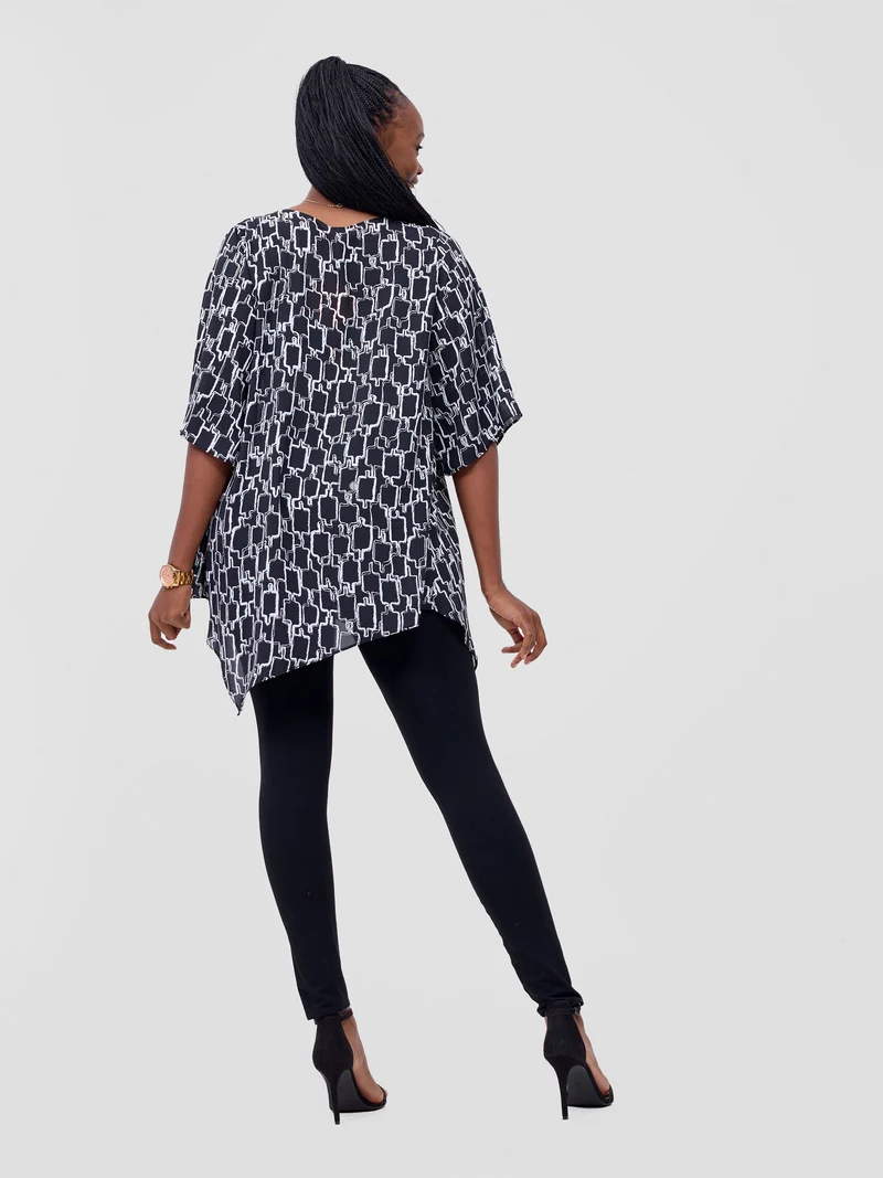 Vivo Sana Asymmetrical Angel Sleeve Top - Black / White Print