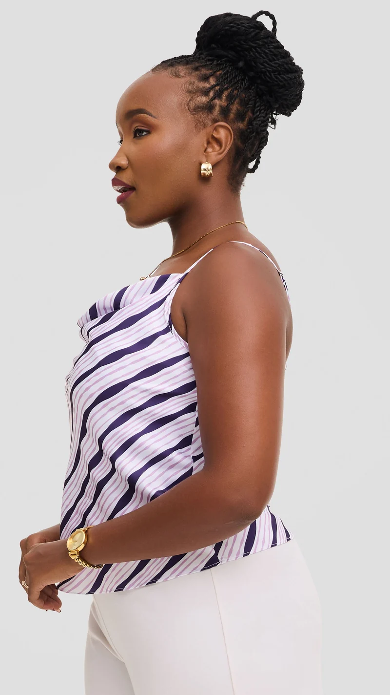 Vivo Cowl Neck Camisole in Satin - Cream / Lilac Huwa Print