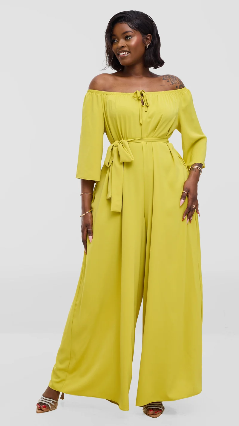 Vivo Zahari 3/4 Sleeve Off Shoulder Jumpsuit In Crepe - Olive Green