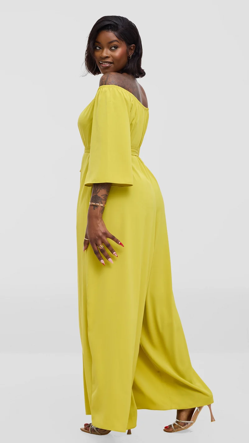 Vivo Zahari 3/4 Sleeve Off Shoulder Jumpsuit In Crepe - Olive Green