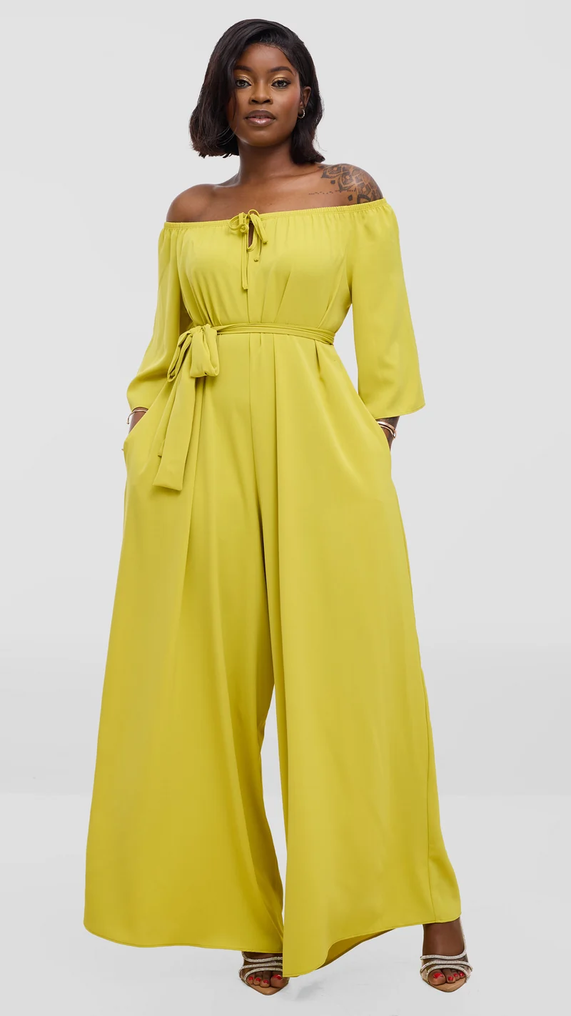 Vivo Zahari 3/4 Sleeve Off Shoulder Jumpsuit In Crepe - Olive Green