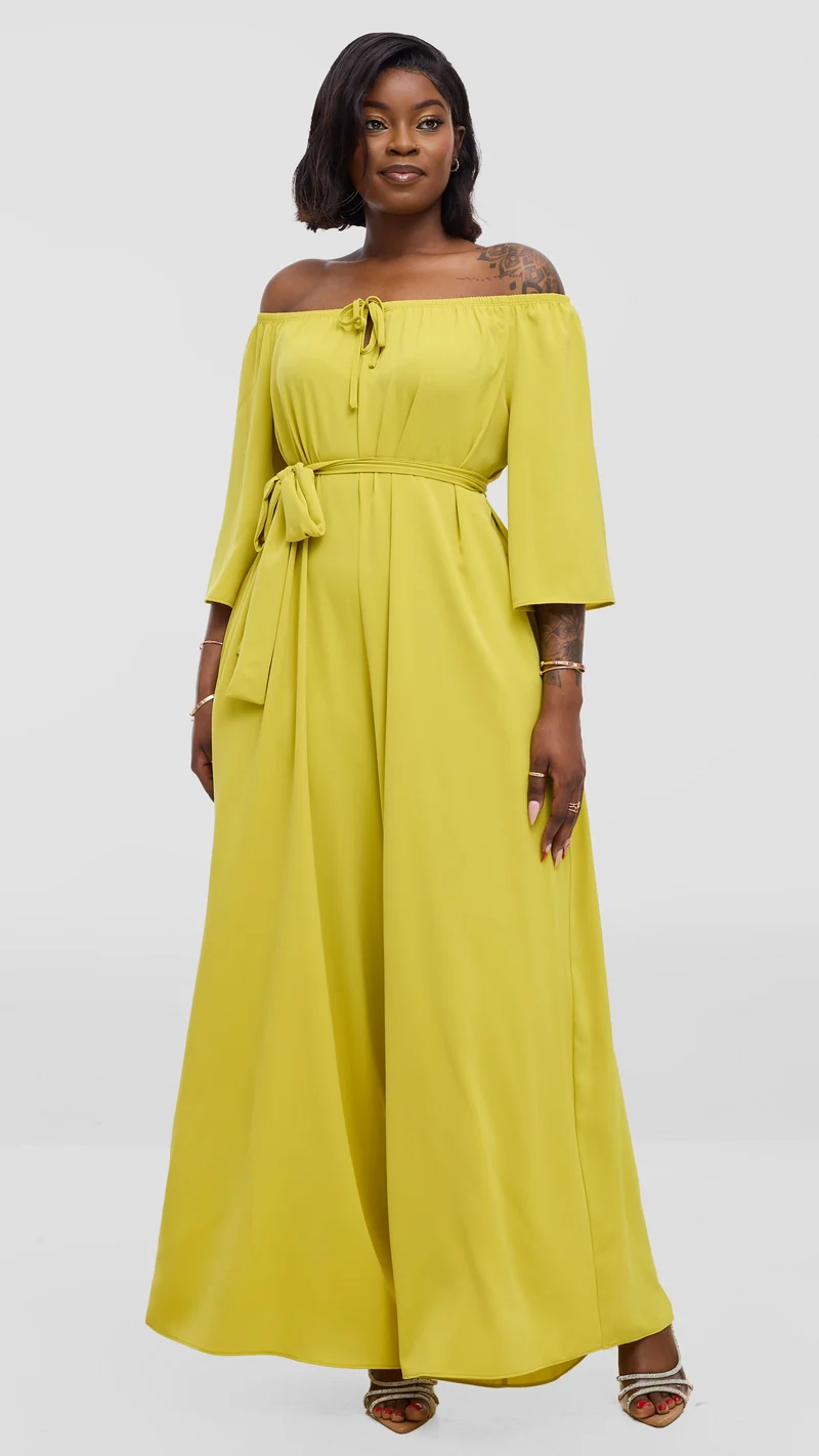 Vivo Zahari 3/4 Sleeve Off Shoulder Jumpsuit In Crepe - Olive Green