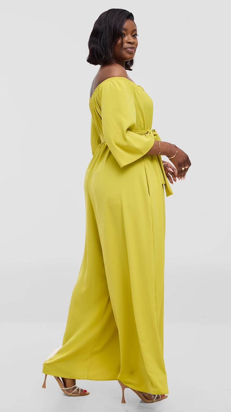 Vivo Zahari 3/4 Sleeve Off Shoulder Jumpsuit In Crepe - Olive Green