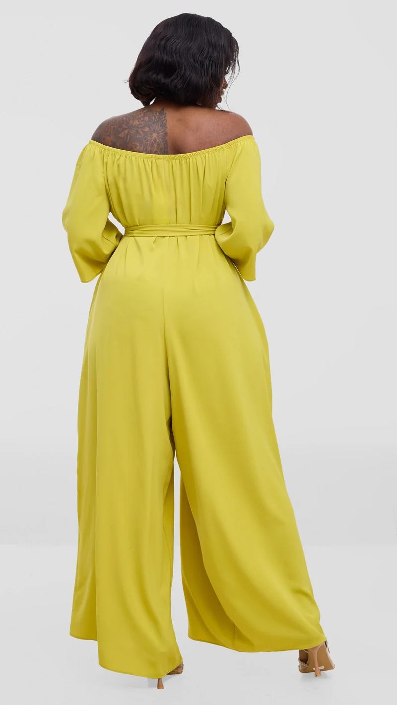 Vivo Zahari 3/4 Sleeve Off Shoulder Jumpsuit In Crepe - Olive Green