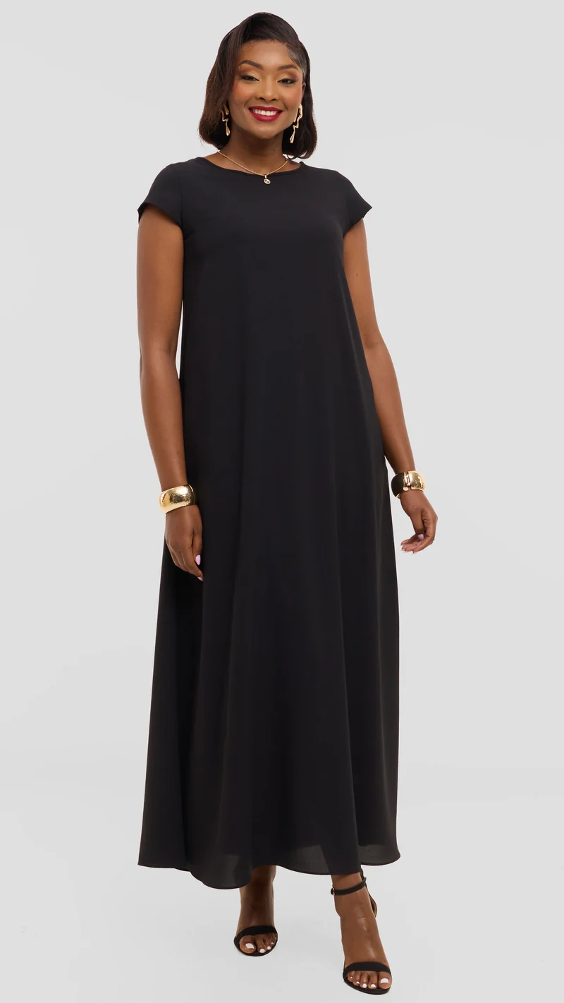 Vivo Basic Cap Sleeve Maxi Dress in Chiffon - Black